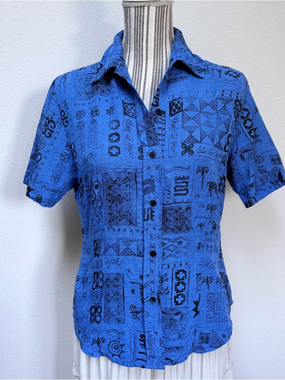 Vintage Chico’s blue silk linen button up abstract print tie front top Sz 0 - Picture 4 of 6